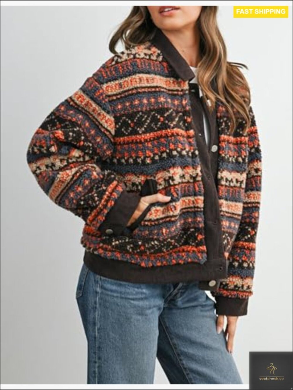 Floral Sherpa Jacket Open Front Denim Collar Oversized Fleece Outerwear Pockets - Picture 4 of 7